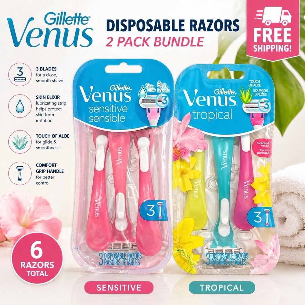 Gillette Venus Disposable Razors 2 Pack Bundle Sensitive and Tropical 6 Count